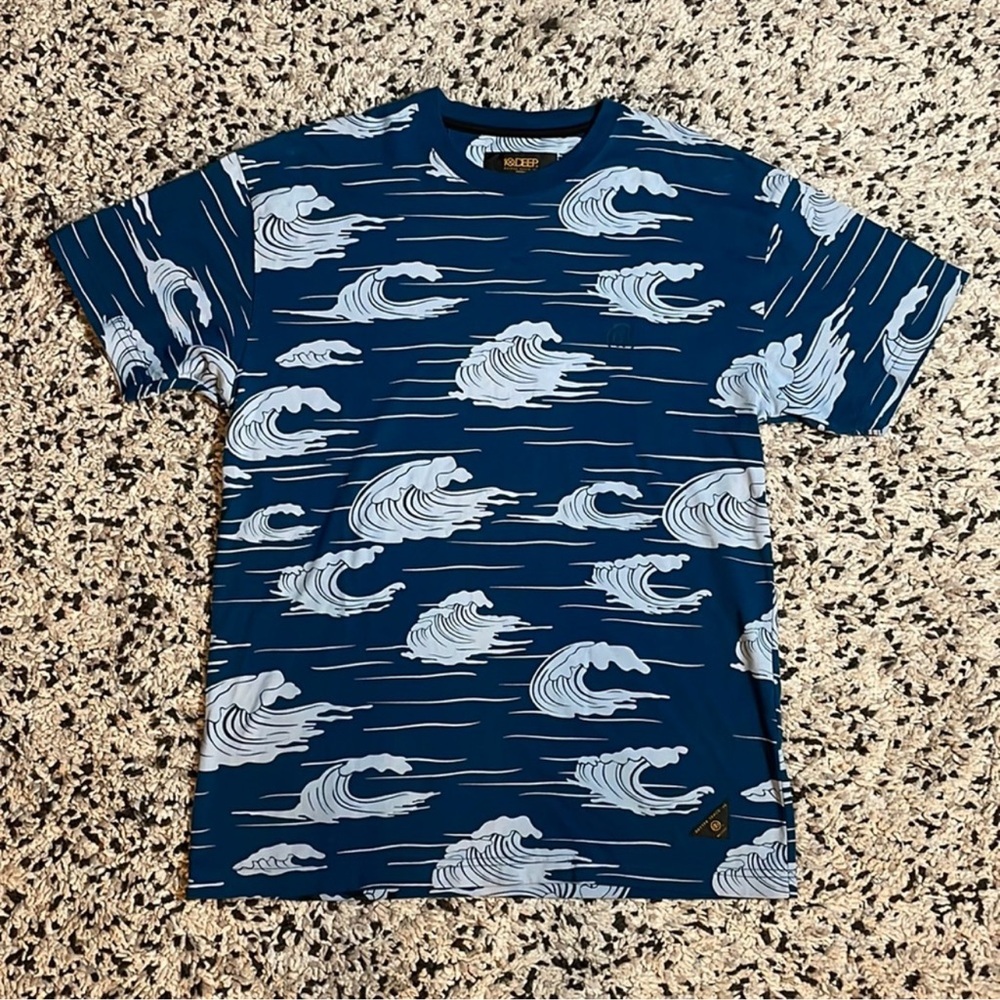 10.Deep Tee Shirt Blue White Tsunami Waves Spellout Short Sleeve Men's Medium